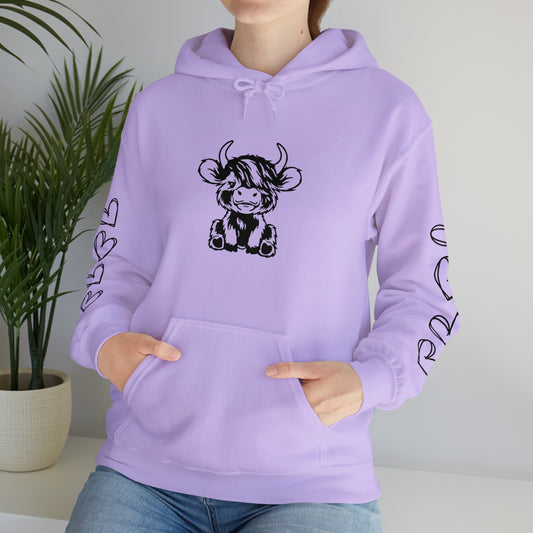 Baby Highland Cow with hearts hoodie, Heavy Blend™ Hooded Sweatshirt
