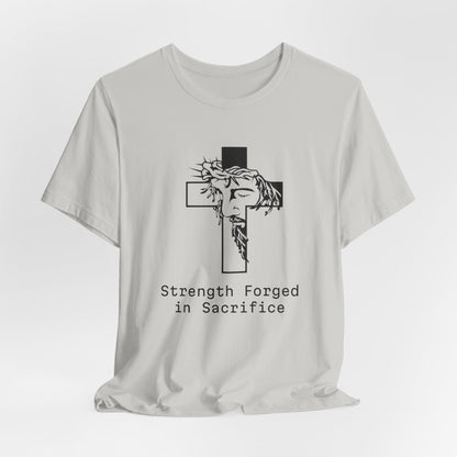 Strength  Forged in Sacrifice, Jesus Profile on a Cross, Jersey Short Sleeve Tee