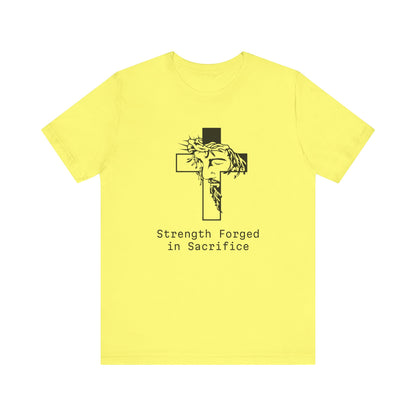 Strength  Forged in Sacrifice, Jesus Profile on a Cross, Jersey Short Sleeve Tee