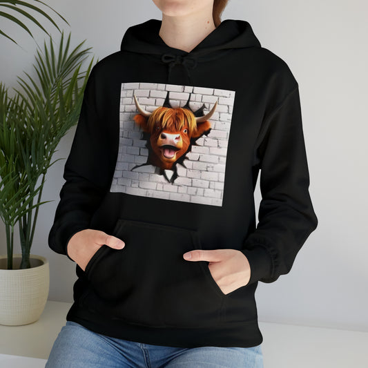 Highland Cow breaks through Wall, Two-Sided Hoodie, Heavy Blend™ Hooded Sweatshirt