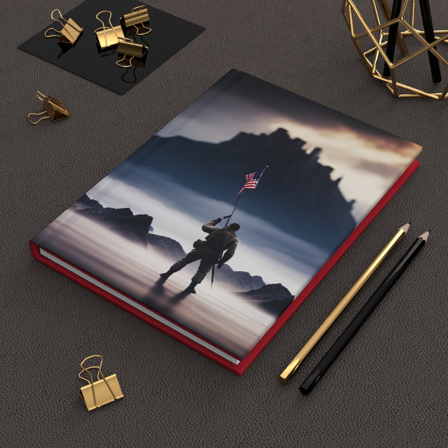 Service Member On Beach with Flag, Hardcover Journal Matte